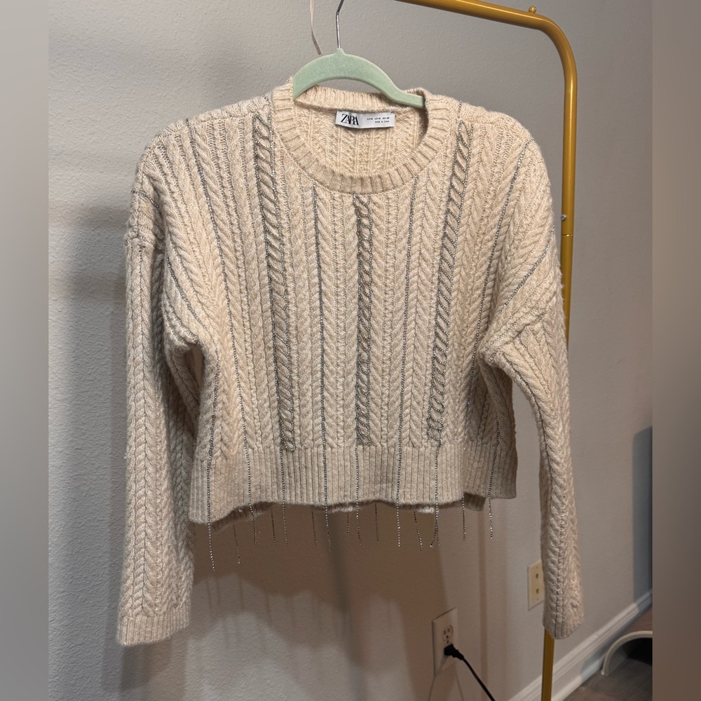 Zara Beige Cable Knit Sweater with Fringe